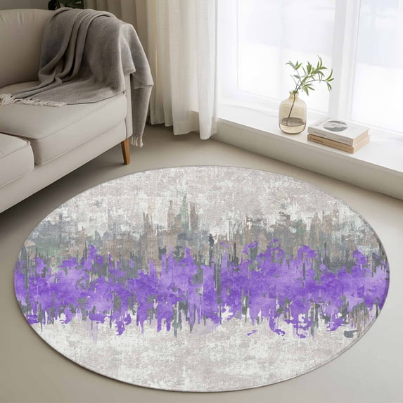 Purple Grey Abstract Round Area Rug 3.3Ft Washable Circle Rugs for Dining Room Table, Gradient Geometric Graffiti Modern Art Non-Slip Carpet Floor Mats Indoor Outdoor Carpet Runner Home Decor