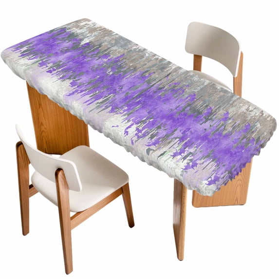 Purple Grey Abstract Table Cloths for 8 Foot Rectangle Tables, Gradient Geometric Graffiti Modern Art Patio Waterproof Elastic Fitted Tablecloths, Washable Rectangular Table Cover for Camping