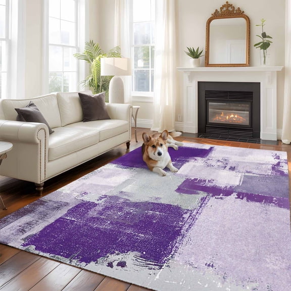 Purple Grey Abstract Washable Area Rug 5x7 Modern Graffiti Brush Art Low-Profile Large Area Rugs with Non Slip Backing Indoor Floor Carpet for Entrance Living Room Bedroom Home Office