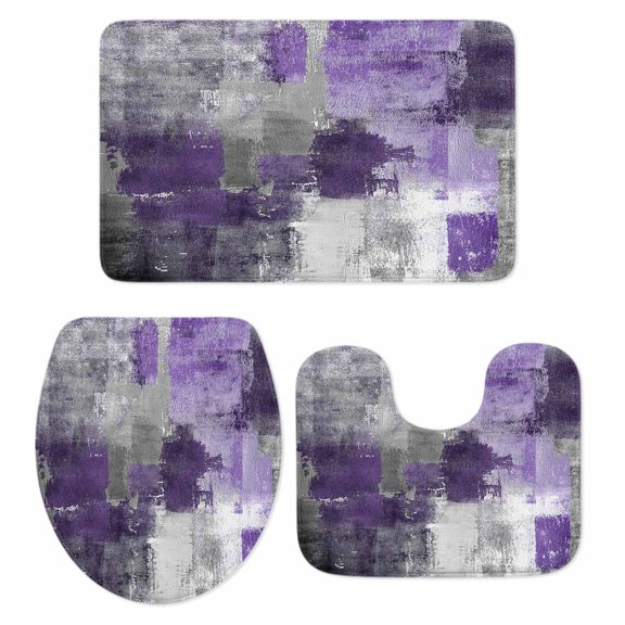 Purple Grey Bath Mat 3 Piece Bathroom Rug Set, Modern Oil Painted Abstract Art Aesthetics Non Slip Bath Rug Contour Mat and Toilet Lid Cover, Absorbent Shower Mats Soft Bath Rugs and Mats Sets
