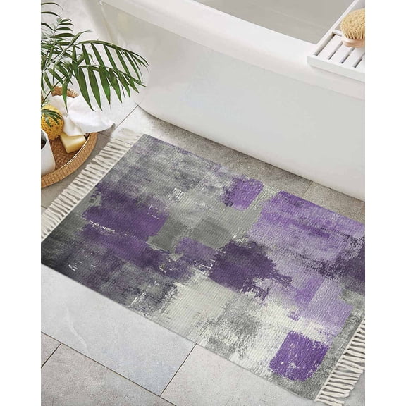 Purple Grey Bath Rug 2x3ft Woven Bathroom Entryway Runner Rug,Modern Oil Painted Abstract Art Aesthetics Washable Living Room Hallway Bedroom Kitchen Carpet with Tassels,Indoor Outdoor Throw Doormat