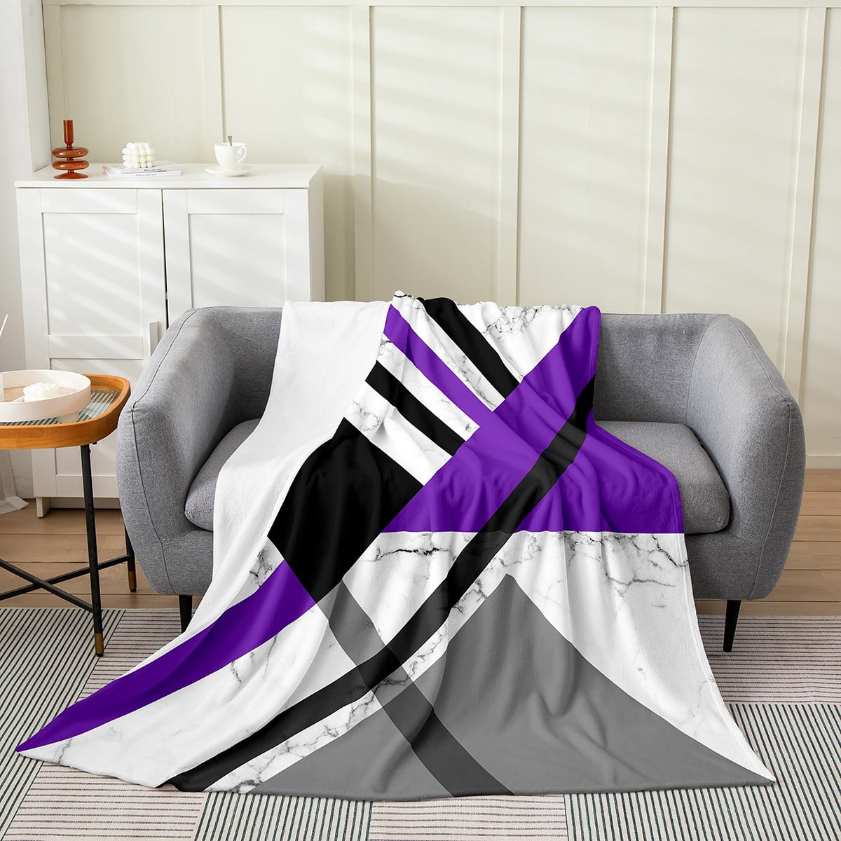 Purple Grey Black Fleece Blanket Patchwork Geometric Triangle Stripe Queen 90x90 Blanket For Kids Girls Women White Marble Throw Blanket Geometry Lines Flannel Blanket Modern Bedroom Decor Walmart