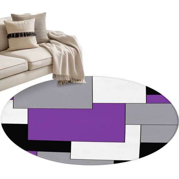 Purple Grey Black Geometric Large Area Rugs for Bedroom Living Room, Non Slip Carpet Bedside Rug, Middle Century Art Abstract Aesthetics Round Floor Cover Kitchen Accent Rug 3' for Dining Room/Office
