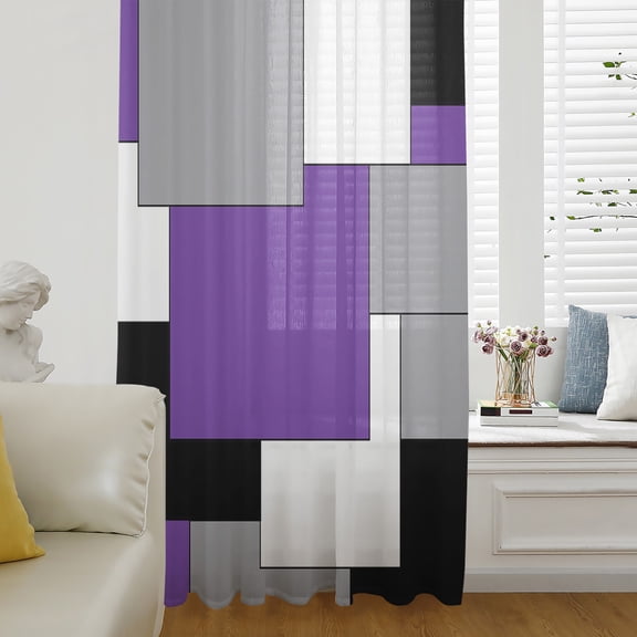 Purple Grey Black Geometric Semi Sheer Curtains Drapes for Living Room,Bedroom,French Doors Window 108 Inches Long,Middle Century Art Abstract Aesthetics Rod Pocket Chiffon Curtain Drapery Panel