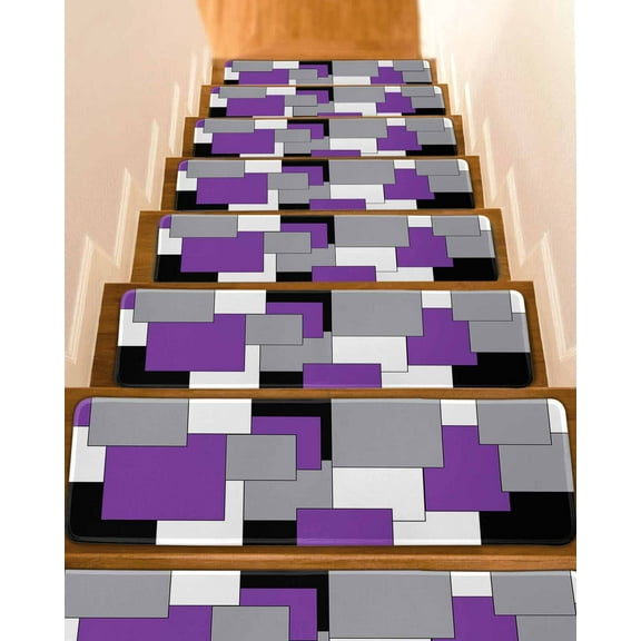 Purple Grey Black Geometric Stair Treads for Wooden Steps Indoor Runner Rug Carpet, Middle Century Art Abstract Aesthetics 4 Pieces Peel and Stick Staircase Step Treads Covers Throw Door Mats 30"x8"
