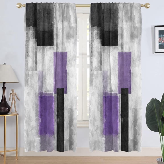 Purple Grey and Black Window Curtain Abstract Gray White Lavender Geometric Lilac Violet Silver Long Wide Living Room Bedroom Drapes Treatment Fabric 1 Pair, 52" W x 84" L, Modern