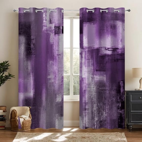 Purple Grey Blackout Curtains, Abstract Gray Black Modern Window Drapes For Bedroom Living Room, Grommet Top Room Darkening Curtains Home Decor 26"W x 63"L (Pack of 2)