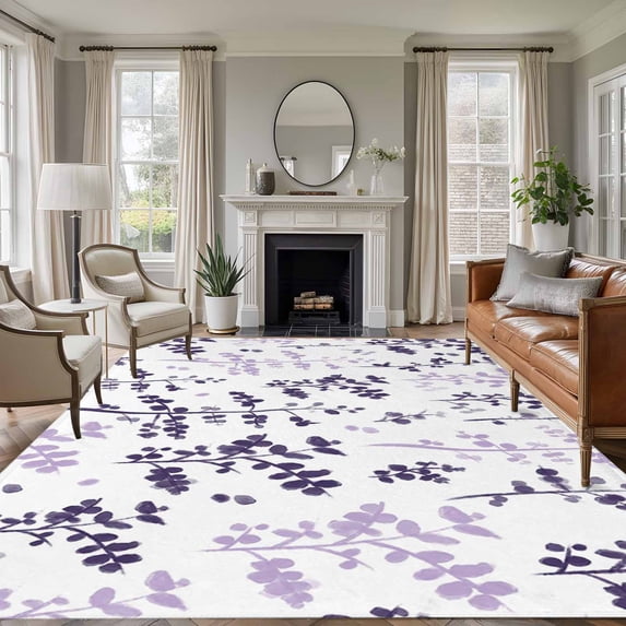 Purple Grey Botanical Area Rug 8x10 Washable Rug Non Slip Watercolor Spring Floral Summer Leaf Large Area Rug Soft Stainresistant Indoor Floor Carpet for Living Room Bedroom Home Office Dining Room