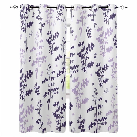 Purple Grey Botanical Blackout Curtains 96 Inch Length 2 Panels Set, Watercolor Spring Floral Summer Leaf Full Shading Curtains for Windows, Blackout Curtains for Bedroom Living Room 52"x96"