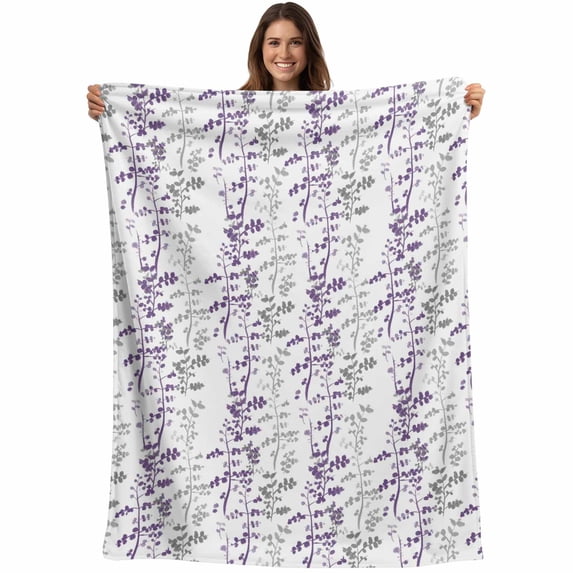Purple Grey Botanical Blanket Soft Cozy Warm Throw Blanket for Couch, Plush Fuzzy Flannel Fleece Blankets for Sofa, Spring Floral Summer Farmhouse Bed Blankets Lightweight Gifts for Women, 50"x60"