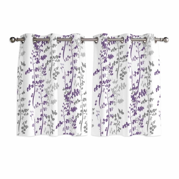 Purple Grey Botanical Kitchen Curtains Window Panels, Spring Floral Summer Farmhouse Insulated Window Treatment Curtain, Grommet Curtains for Bedroom/Living Room/Bathroom, 2 Piece 42"Wx54"L