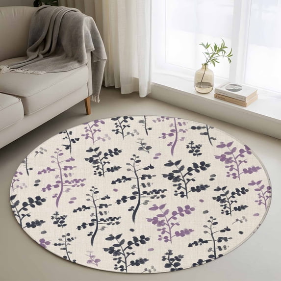 Purple Grey Botanical Round Area Rug 4Ft Washable Circle Rugs for Bedroom Dining Room, Rustic Country Spring Floral Summer Leaf Non-Slip Carpet Floor Mats Indoor Outdoor Carpet Runner Home Decor