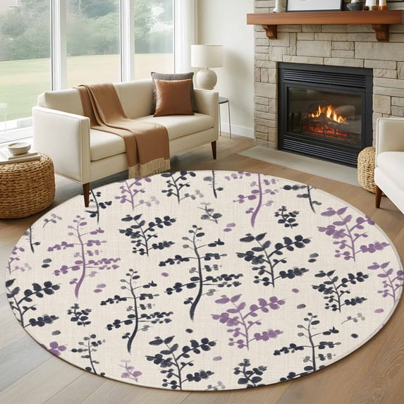 Purple Grey Botanical Round Area Rug 8Ft Washable Large Circle Rugs for Living Room Dorm, Rustic Country Spring Floral Summer Leaf Non-Slip Carpet Floor Mats Indoor Outdoor Carpet Runner Home Decor