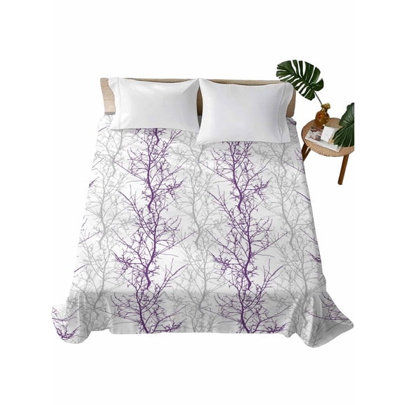 Purple Grey Branch Flat Sheet Only Twin Size, Soft Breathable Bed Top Sheets for Mattress, Spring Summer Pastoral Botanical Luxury Bedding Flat Sheets for Home Hotel Bedroom Bed Protection