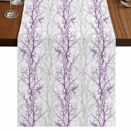 Purple Grey Branch Table Runner 120 Inches Long,Spring Summer Pastoral Botanical Cotton Linen Table Runners Dresser Scarves,Decorative Tabletop Scarf Furniture Cover for Home Dinner Party 13"x120"