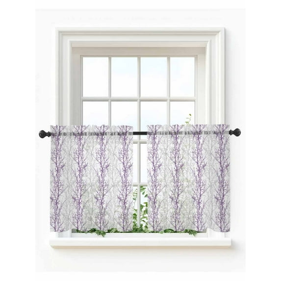 Purple Grey Branch Tier Curtains 24 Inch Length,Sheer Curtains for Bedroom Living Room Window Spring Summer Pastoral Botanical Rod Pocket Drapes Kitchen Curtains Small Half Window 27.5"x24" 2 Panels