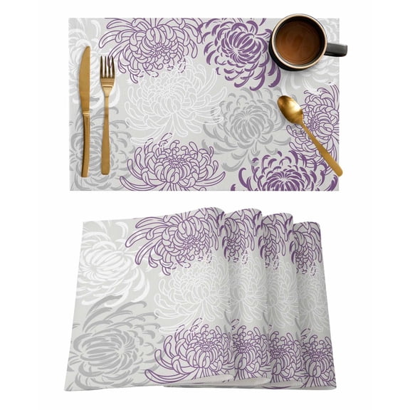 Purple Grey Chrysanthemum Placemats Set of 4, Farmhouse Botanical Floral Modern Placemats for Dining Table, Place Mats for Kitchen Tabletop, Waterproof Wipeable Dining Table Mats Set
