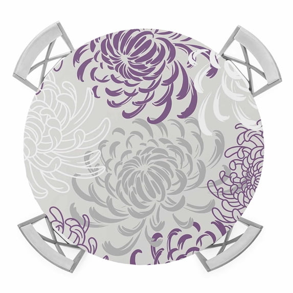 Purple Grey Chrysanthemum Round Fitted Tablecloth with Elastic Edge, Waterproof Table Cloth Table Cover for 45"-54" Tables, Farmhouse Botanical Floral Modern Tablecloths for Dining Picnic Outdoor