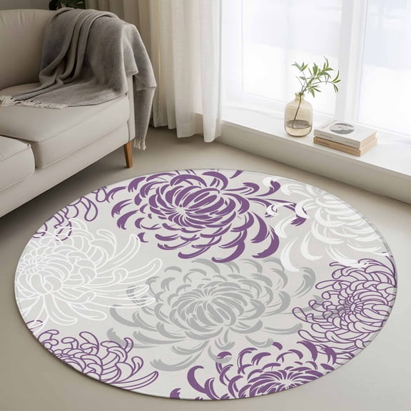 Purple Grey Chrysanthemum Round Rugs 4ft, Farmhouse Botanical Floral Modern Non Slip Washable Rug Runner, Low Pile Indoor Floor Carpet Mat Bathroom Rugs for Living Room, Bedroom, Kids Room
