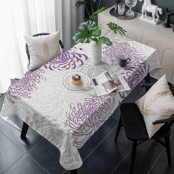 Purple Grey Chrysanthemum Table Cloth Waterproof Tablecloths, Farmhouse Botanical Floral Modern Tablecloth Dining Table Cover for Kitchen Party Tabletop Outdoor, Rectangle Tablecloth 54x108 Inch