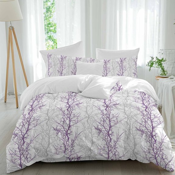Purple Grey Comforter Set Queen Size, Tree Branch Soft Bedding Set for Man Woman, 4 Pieces Duvet Cover Set with Fitted Sheet, 2 Pillowcases