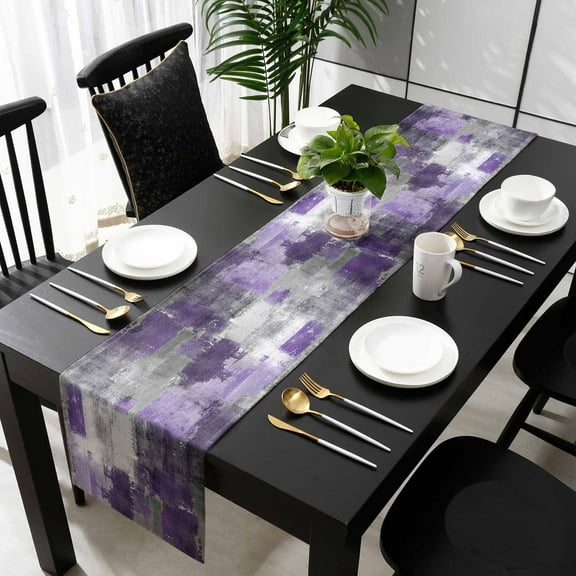 Purple Grey Cotton Linen Small Table Runner 13 x 48 inch Modern Oil Painted Abstract Art Aesthetics Non-slip Rectangular Dining Table Decor for Wedding Party Holiday Dinner
