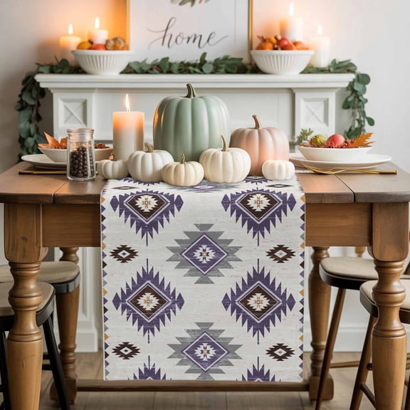 Purple Grey Cotton Linen Table Runner, Washable Table Runners for Kitchen, Dining Room, Holiday, Home Party Table Decor, 13x120 Inches