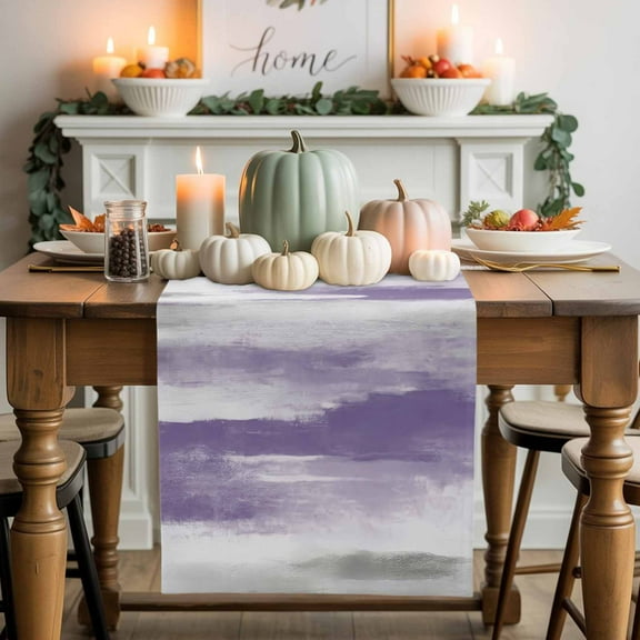 Purple Grey Cotton Linen Table Runner, Washable Table Runners for Kitchen, Dining Room, Holiday, Home Party Table Decor, 13x120 Inches