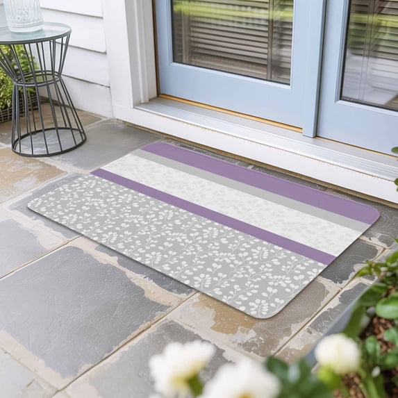 Purple Grey Door Mat Indoor Outdoor, Chic Garden Floral Stripe Aesthetic Flower Non Slip Welcome Mat with Rubber Backing, Absorbent Fabric Front Door Mats Entryway Rug for Home Patio Entrance 16"x24"