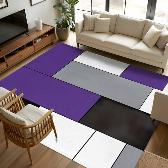 Purple Grey Geometric 5x7 Area Rugs, Modern Black White Abstract Art Non-Skid Rubber Backing Large Rectangle Rugs - Living Room Bedroom Home Office, Indoor Floor Mat Carpets Washable Rug