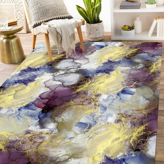 Purple Grey Gold Marble Texture Modern Abstract Area Rug Soft Washable Aesthetic Rug For Living Room Bedroom Ultra Shaggy Diningroom Office Floor Carpet 5x7ft