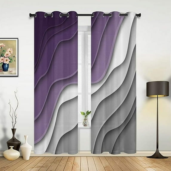 Purple Grey Gradient Blackout Curtains, 3D Abstract Art Print Window Curtains, Thermal Insulated Room Darkening Grommet Drapes Set For Living Room Bedroom Kitchen Decor 42"W x 63"L (Pack of 2)
