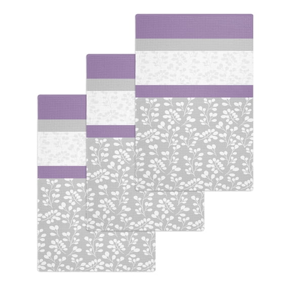 Purple Grey Hand Towels Set,Waffle Weave Kitchen Towels 3 Pieces,Chic Garden Floral Stripe Aesthetic Flower Microfiber Hair Face Bath Tea Towel Absorbent Quick Drying Cleaning Dish Cloths,15.7"x23.6"