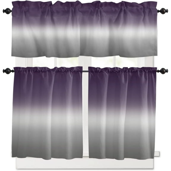 Purple and Grey Kitchen Curtain Valance and Tiers Set Ombre Purple Gray Rod Pocket Kitchen Tier Curtain Valance Set 3 Piece Gradient Modern Window Curtain Valance Tier Set for Bedroom 54x36 inch