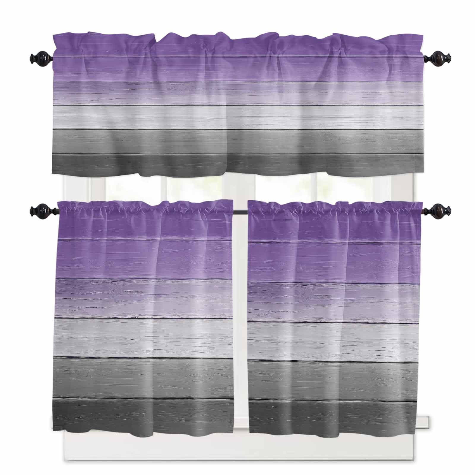 Purple Grey Kitchen Curtains Set for Windows 3 Pieces,24 Inch Length ...