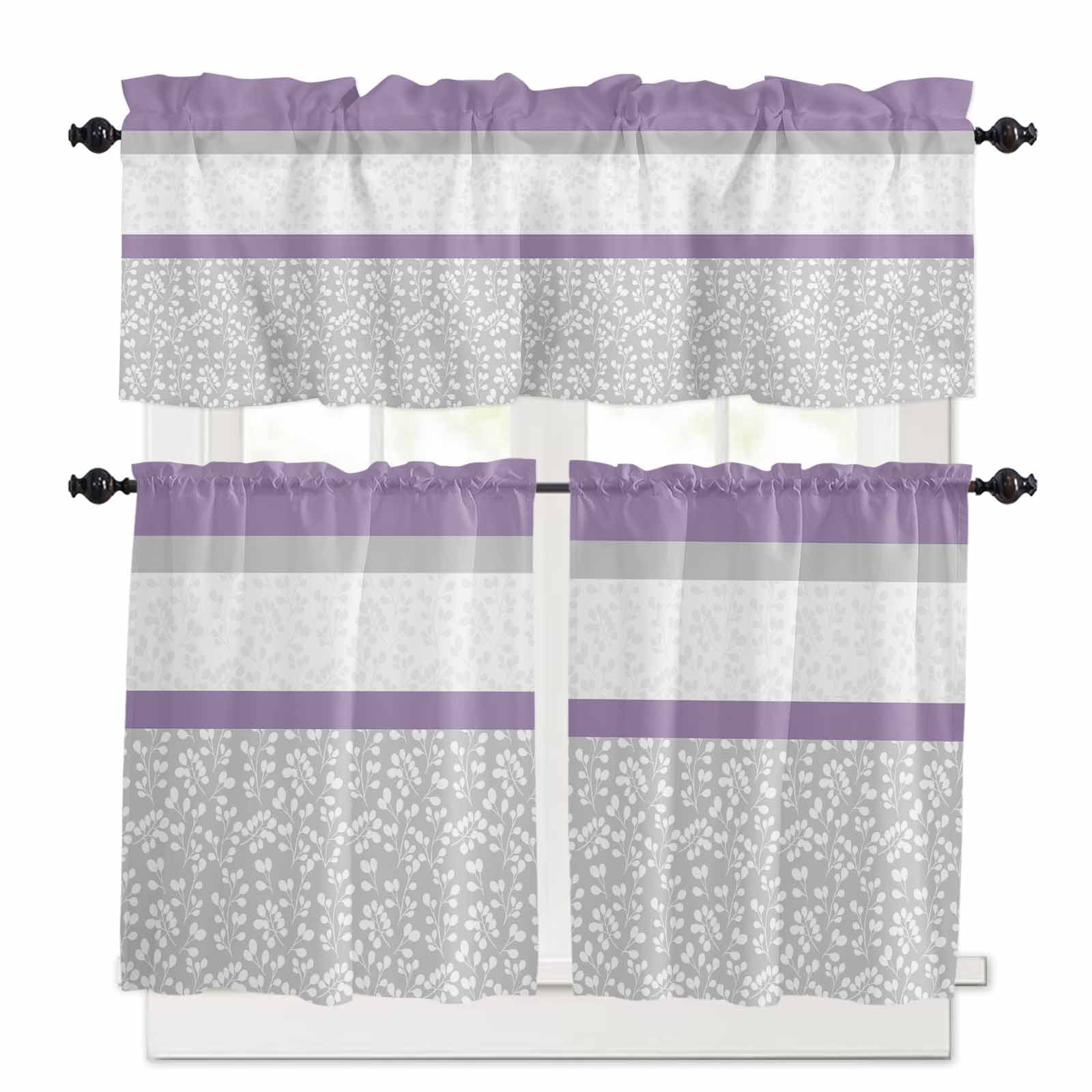 Purple Grey Kitchen Curtains Set for Windows 3 Pieces,36 Inch Length ...