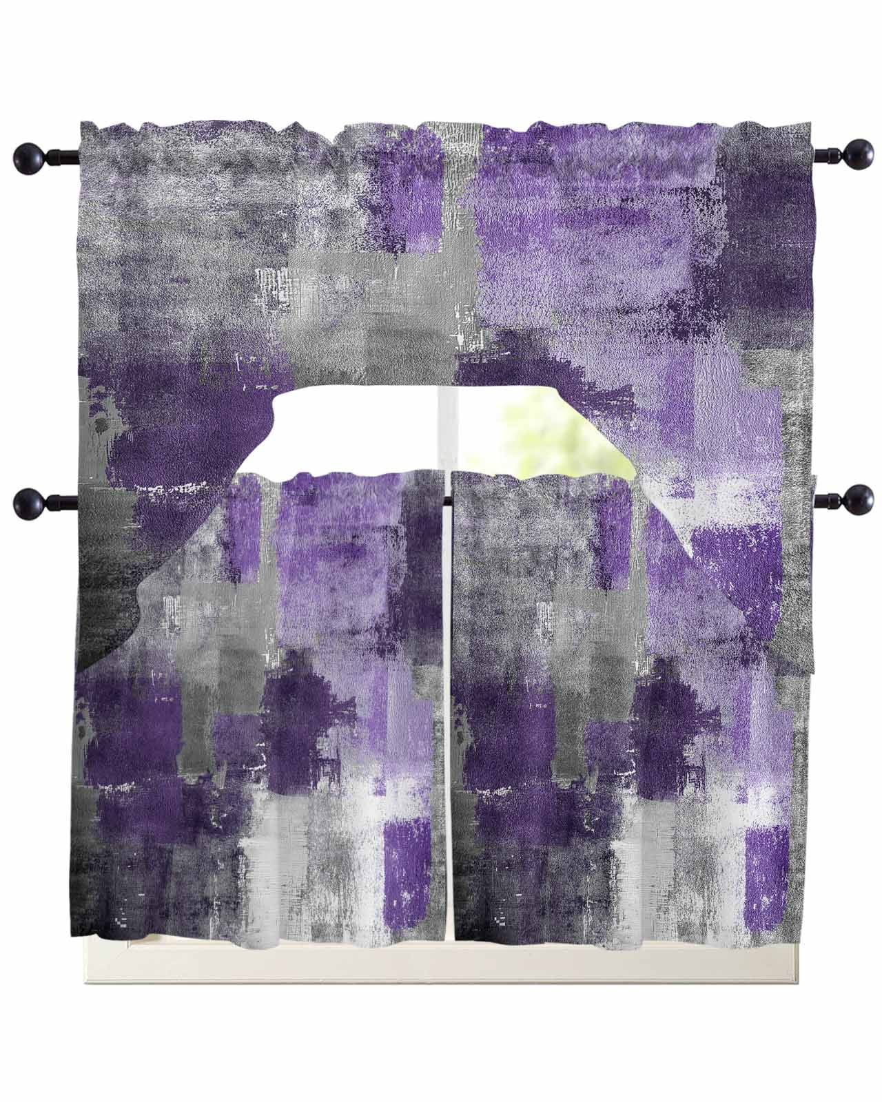 Purple Grey Kitchen Curtains Swag Valance and Tier Curtains Set 24 Inch ...