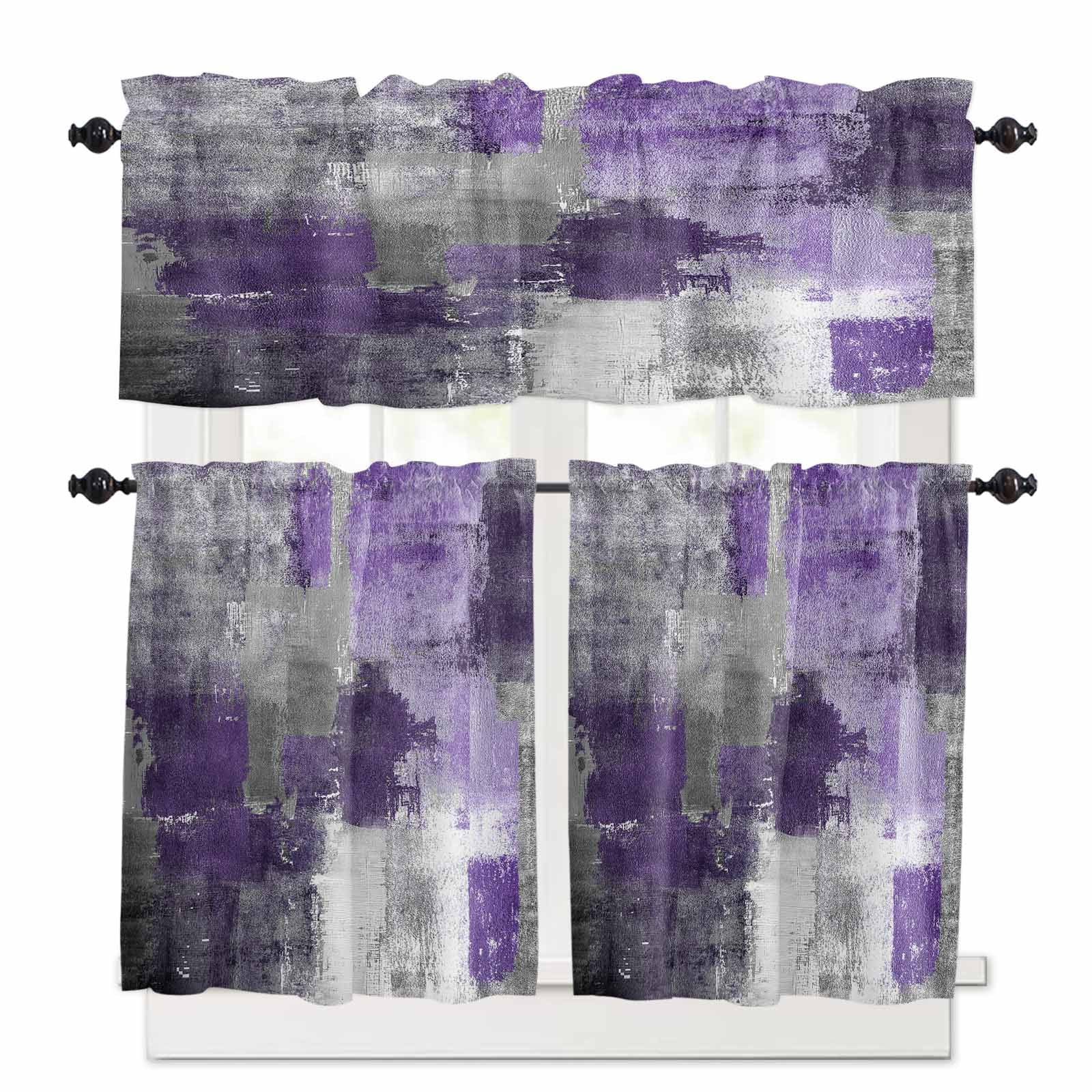 Purple Grey Kitchen Curtains and Valances Set, 3 Piece Kitchen Curtains ...