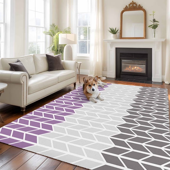 Purple Grey Large Area Rugs 8x10 ft Herringbone Quadrangle Geometric Abstract Washable Rug Non Slip Indoor Carpet Absorbent Floor Mat for Living Room Bedroom Dining Room