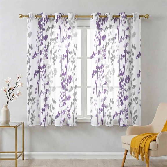 Purple and Grey Leaf Sheer Curtains 39 Inch Long 2 Panels, Abstract Farm Plants Floral Branches Light Filtering Semi Sheer Drapes Grommet Voile Window Curtain for Living Bedroom W27.9 x L39
