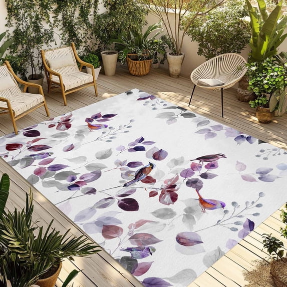 Purple Grey Leaves Outdoor Rug for Patio/Deck/Porch, Non-Slip Large Area Rug 4 x 6 Ft, Summer Botanical Pastoral Watercolor Indoor Outdoor Rugs Washable Area Rugs, Camping Rug Carpet Runner