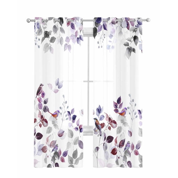 Purple Grey Leaves Sheer Curtains 63 Inch Length 2 Panels Set for Living Room/Bedroom, Summer Botanical Pastoral Watercolor Kitchen Curtains Grommet Semi-Sheer Curtains Window Treatments 42"x63"x2