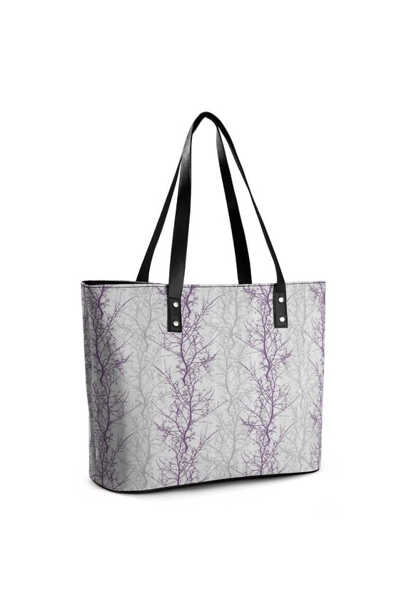 Purple Grey Leaves Woman Leather Handbags Large Tote Bag Fashion Portable Handbags With Zipper