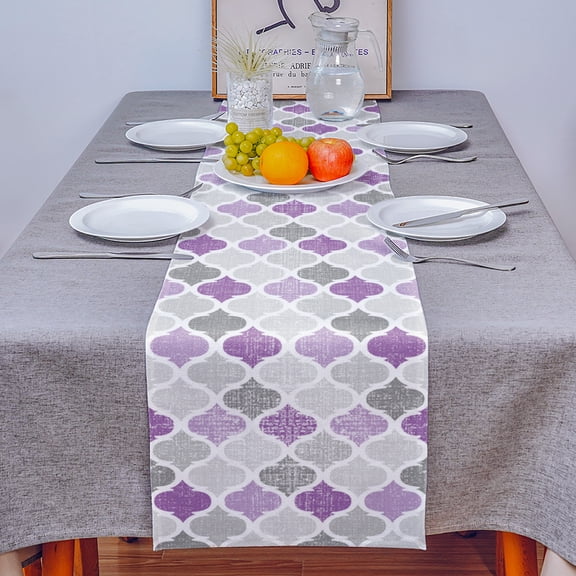 Purple Grey Morocco Lattice Table Runner 13x72in Non-Slip Cotton Linen Table Runners, Geometric Plaid Dresser Scarves TableRunner for Dinner Kitchen Dining Wedding Party