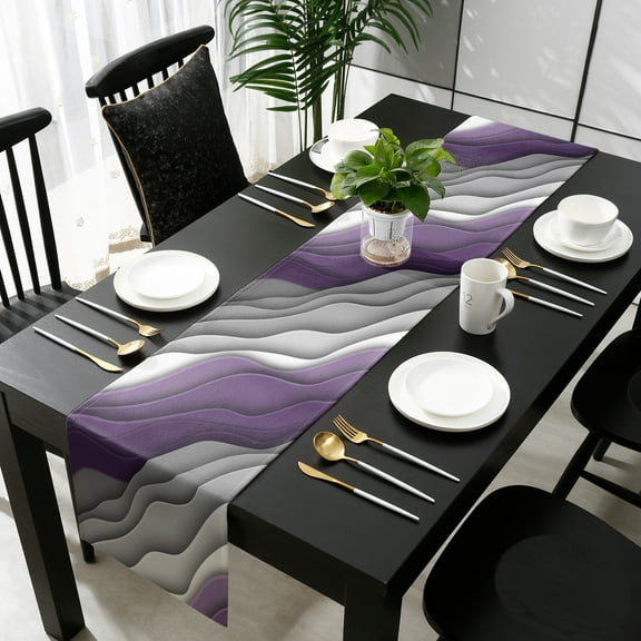 Purple Grey Ombre Cotton Linen Table Runner 13 x 90 inch Modern Geometric Abstract Aesthetics Cream Non-slip Rectangular Dining Table Decor for Wedding Party Holiday Dinner