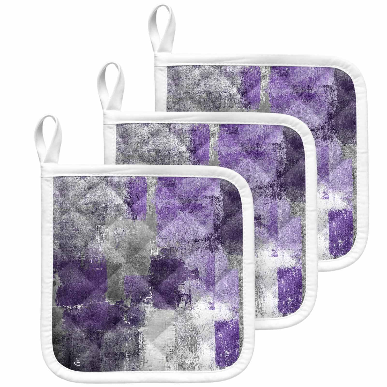 Purple Grey Pot Holders for Kitchen Heatproof Potholder, 3 Pack Modern Oil Painted Abstract Art Aesthetics Hot Pads Multipurpose Oven Pads Cloth Potholders Trivet for Cooking Baking