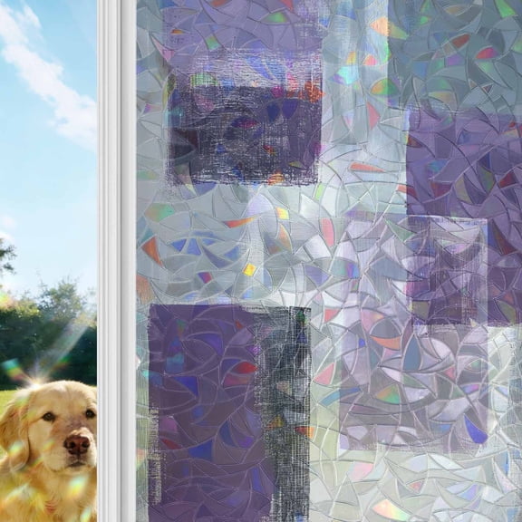 Purple Grey Rainbow Window Privacy Film, Graffiti Art Abstract Mottled Color Block Modern Stained Glass Window Film, Sun Blocking Static Cling Non Adhesive Door Stickers 29.5 x 118 Inches