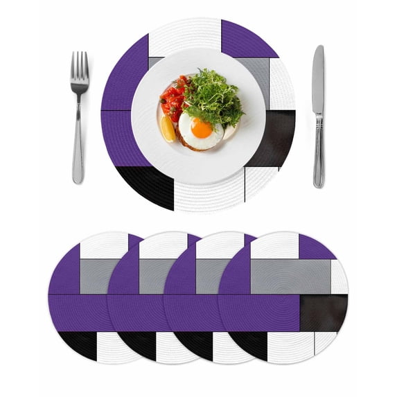 Purple Grey Round 15 Inch Placemats Set of 4, Modern Purple Geometric HeatResistant Non Slip Place Mats for Dining Table, Wipeable Braided Kitchen Table Mats for Housewarming