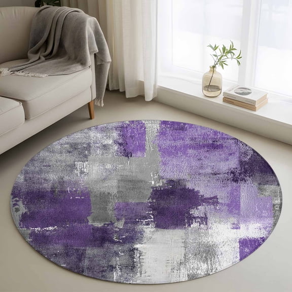 Purple Grey Round Rugs 3ft, Abstract Art Oil Painting Modern Geometric Non Slip Washable Rug Runner, Low Pile Indoor Floor Carpet Mat Bathroom Rugs for Living Room, Bedroom, Kids Room