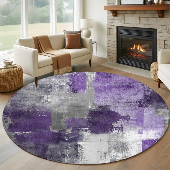 Purple Grey Round Rugs 6ft, Abstract Art Oil Painting Modern Geometric Non Slip Washable Rug Runner, Low Pile Indoor Floor Carpet Mat Bathroom Rugs for Living Room, Bedroom, Kids Room